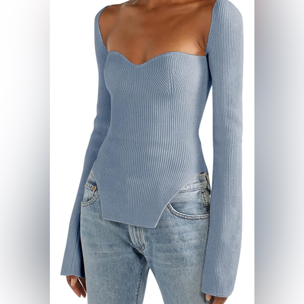 Women’s square neck ribbed knit long sleeve pullover Light Blue Size Small